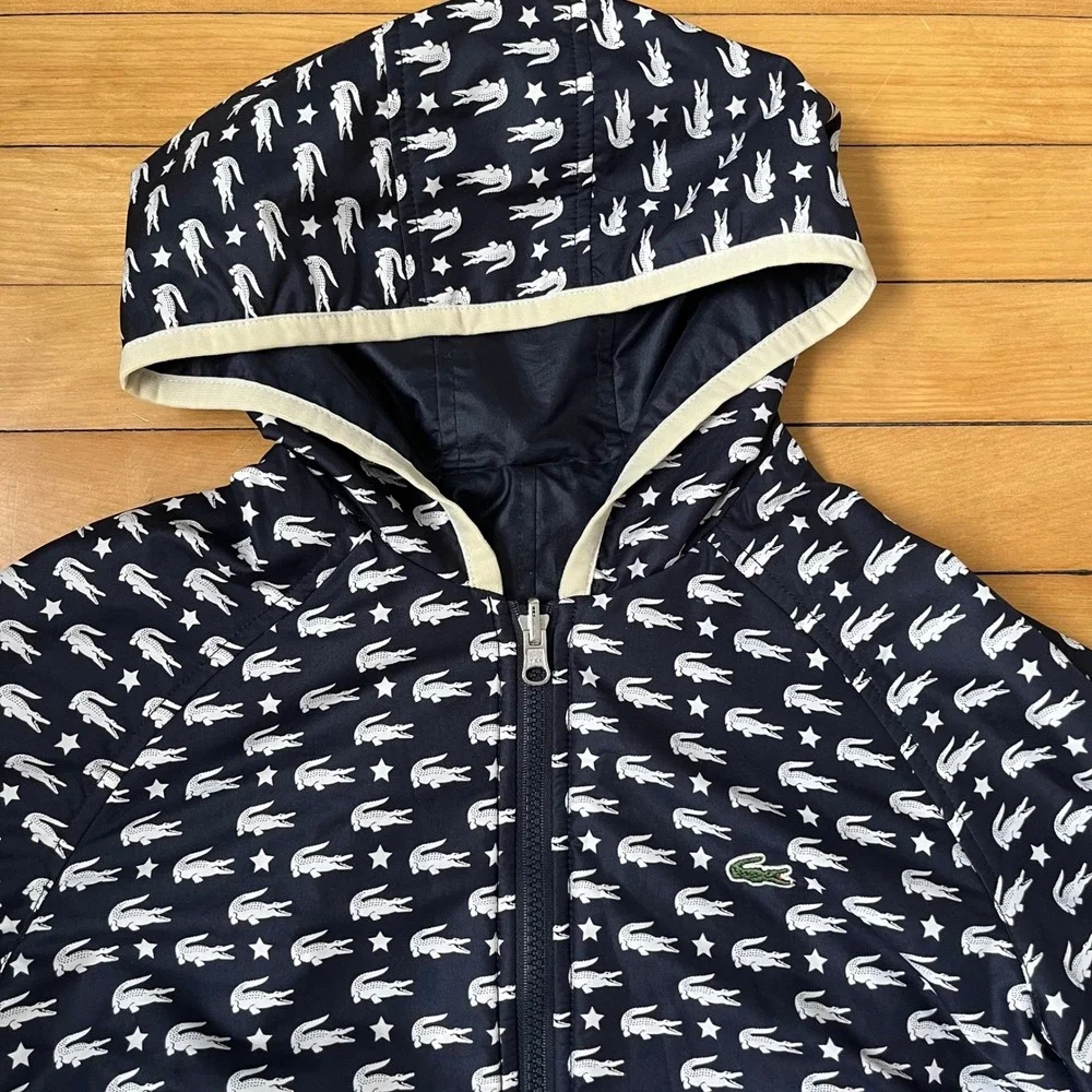 Lacoste Reversible Hooded Windbreaker Jacket Navy Blue Logo Star Print Mens S - Picture 8 of 9